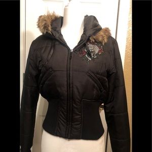 Hooded Jacket w/Rhinestone Skulls & Roses Size L.